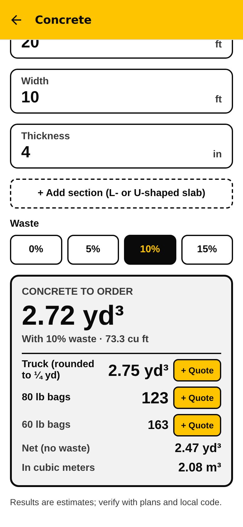 Concrete calculation for a slab