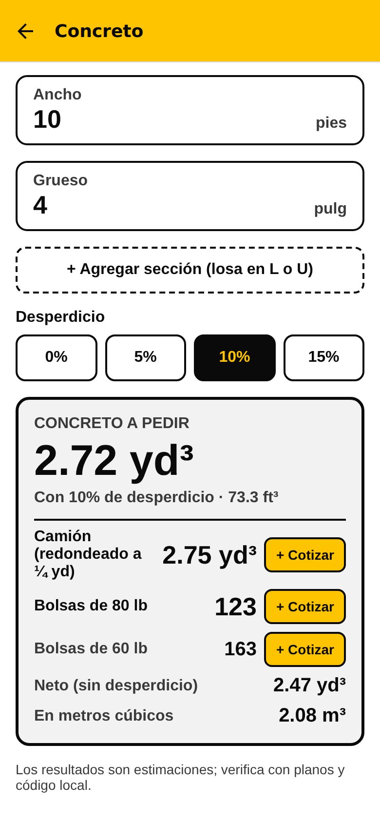 Cálculo de concreto para una losa